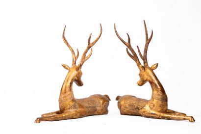Pair of two deer in carved and gilded metal...