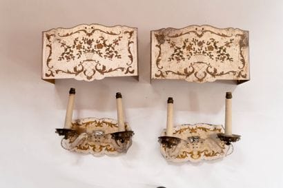 Pair of Plexiglas wall sconces, decorated...