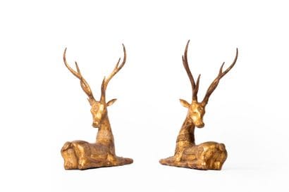 Pair of two deer in carved and gilded metal...