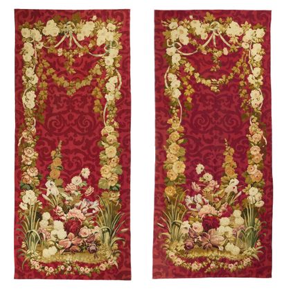Elegant pair of Aubusson doors on a cherry-red...