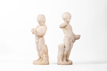 Pair of white marble Putti, representing...
