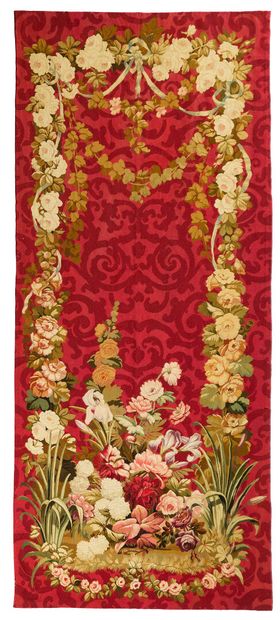 Elegant pair of Aubusson doors on a cherry-red...
