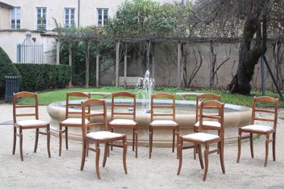 Set of eight wooden chairs, with beige fabric...