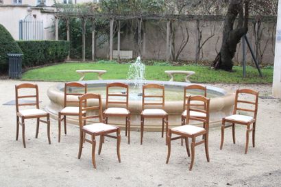 Set of eight wooden chairs, with beige fabric...