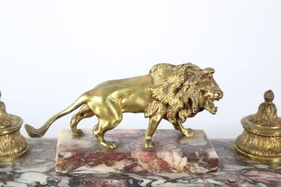 Marble and gilt bronze inkwell with two richly...