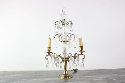 Table lamp in gilded brass and glass pendants,...