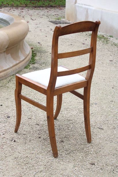 Set of eight wooden chairs, with beige fabric...