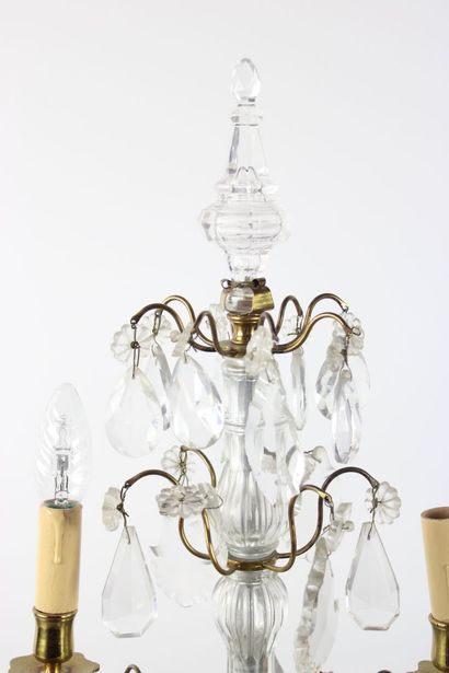 Table lamp in gilded brass and glass pendants,...