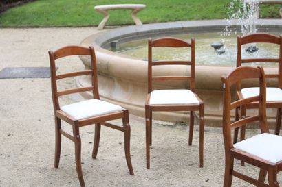 Set of eight wooden chairs, with beige fabric...