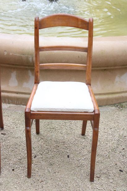 Set of eight wooden chairs, with beige fabric...