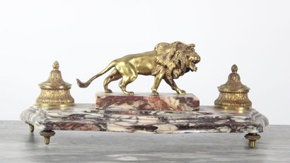 Marble and gilt bronze inkwell with two richly...
