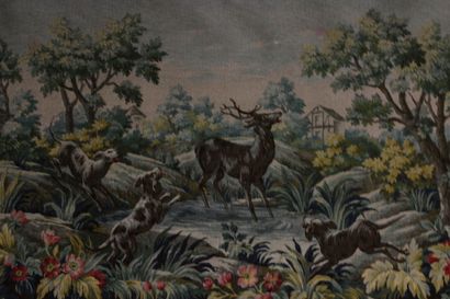 Wool tapestry decorated with a deer hallali....