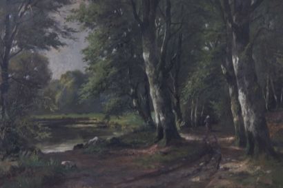 19th century French school 
Forest landscape
Oil...