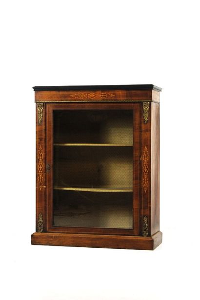 Walnut display case opening with a front...