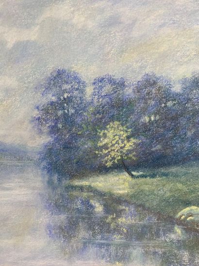 Eugène SENAMAUX (XXE)
Paysage lacustre 
Pastel...