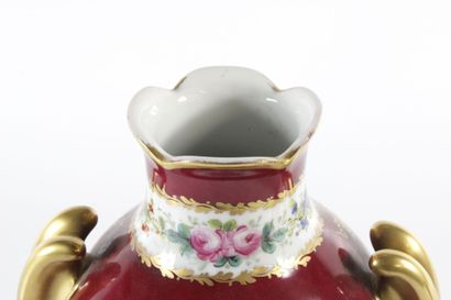 Pair of baluster vases in red and gold enameled...