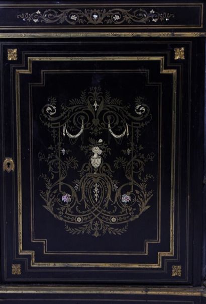 Black lacquered wood high cabinet, opening...