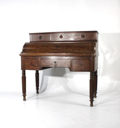Mahogany veneered stepped desk opening with...