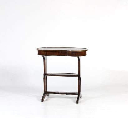 Oak kidney-shaped table opening with two...