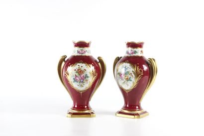 Pair of baluster vases in red and gold enameled...
