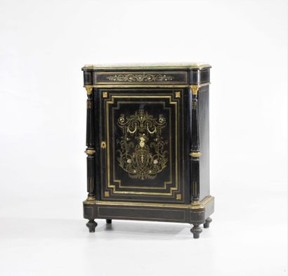 Black lacquered wood high cabinet, opening...