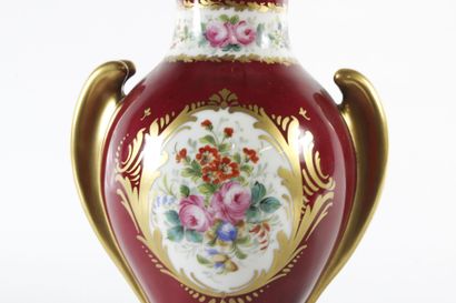 Pair of baluster vases in red and gold enameled...