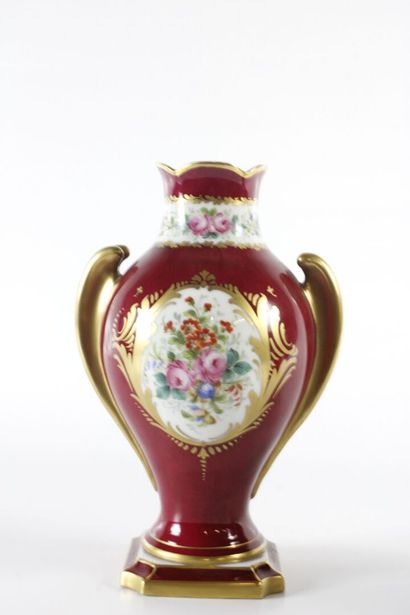 Pair of baluster vases in red and gold enameled...
