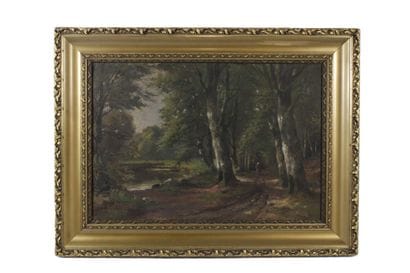 19th century French school 
Forest landscape
Oil...