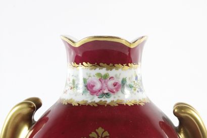 Pair of baluster vases in red and gold enameled...