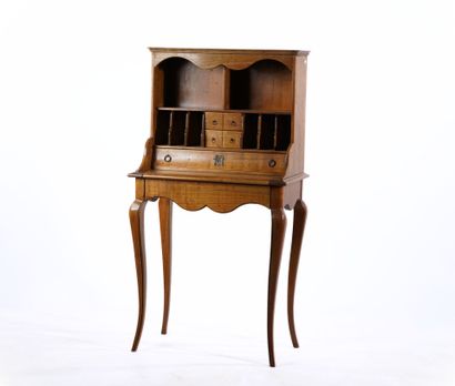 Tiered writing desk in natural wood, opening...