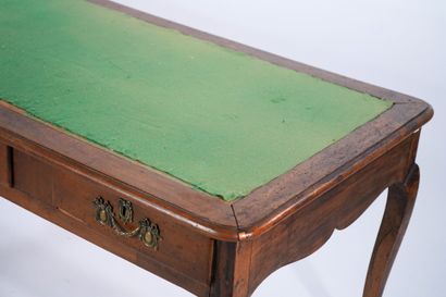 Large flat desk in natural wood opening to...