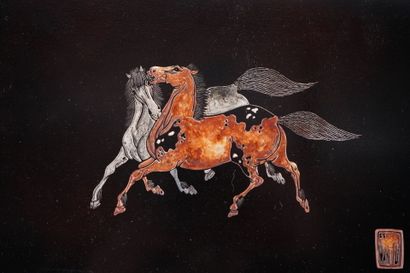 CHINA XXth. 
Reunion of three black lacquered...