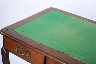 Large flat desk in natural wood opening to...