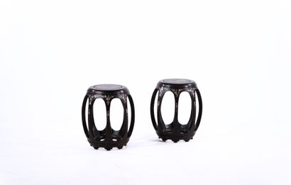 CHINA 
Pair of stools in exotic openwork...