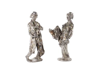 Paire de clowns en argent, métal argenté...