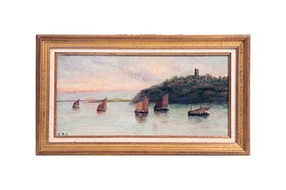 ECOLE DU XXème.
Paysage avec voiliers
Huile...