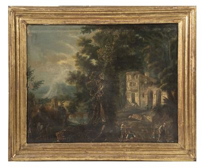 ECOLE DU XVIIIème
Paysage animé à l'Antique
Huile...