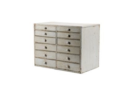 Petit meuble de métier en bois peint à douze...