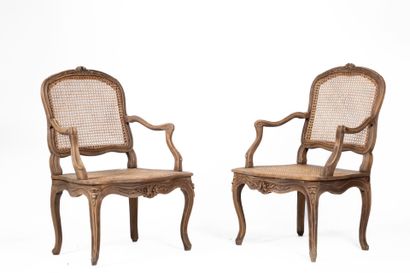 Pair of natural walnut armchairs with straight,...