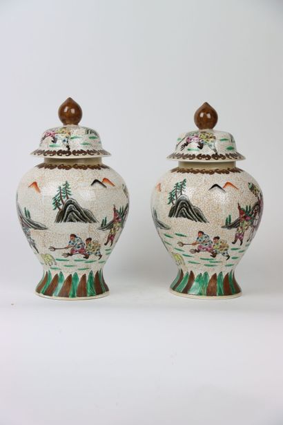ASIA, Pair of large covered pots on pedestal...