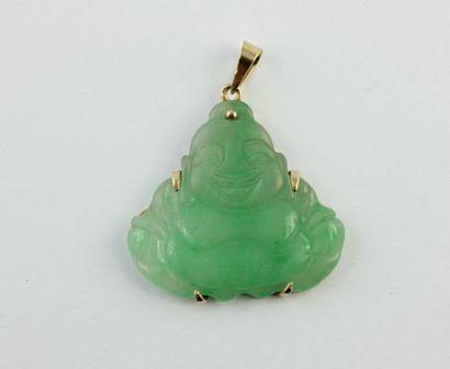 Green hard stone pendant with a smiling Buddha,...