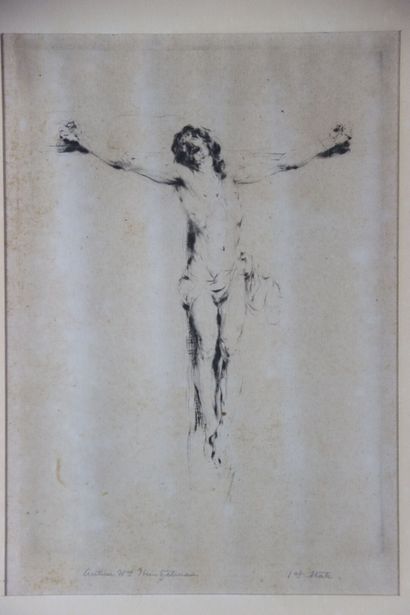 École du XXe siècle. Christ en croix, encre...