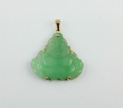 Green hard stone pendant with a smiling Buddha,...