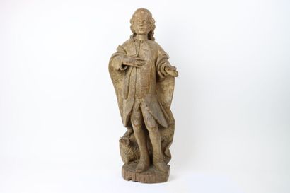 Saint personnage en bois sculpté, dos ébauché....