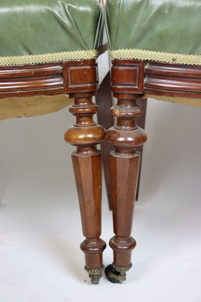 Suite of six mahogany chairs with green leather...