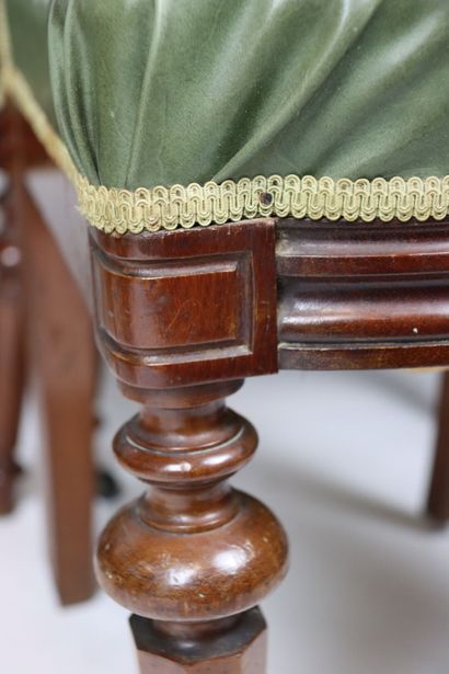 Suite of six mahogany chairs with green leather...