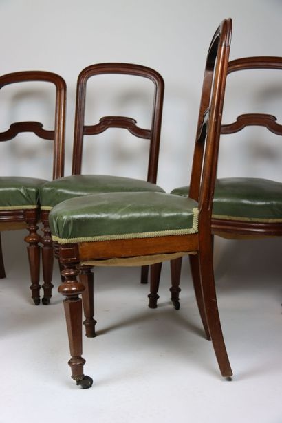 Suite of six mahogany chairs with green leather...