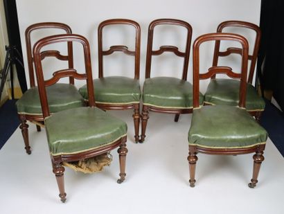 Suite of six mahogany chairs with green leather...