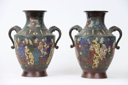 JAPAN. Pair of cloisonné vases decorated...