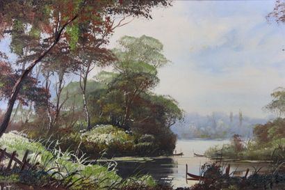 École du XXe siècle. Paysage de rivière,...